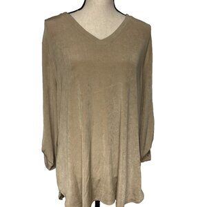 Chico’s Travelers Sz 3 V Neck Tan Beige Roll Tab Sleeve Blouse Top Shirt NWT $89